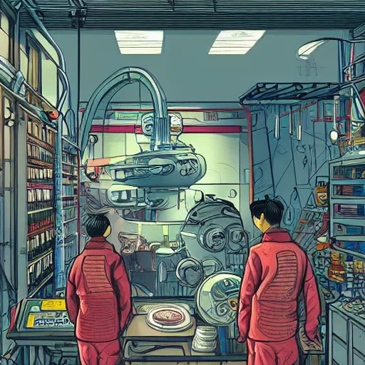 Image similar to asian space merchant in their shop, Industrial Scifi, detailed illustration, character design, by Martin Grip and Moebius