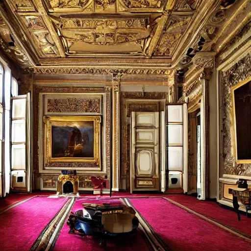 Image similar to giant Italian royal castle living room that is 300 feet tall, with very tall giant walls filled with modern art paintings, doors that are cosmic portals, photo by Annie Leibovitz