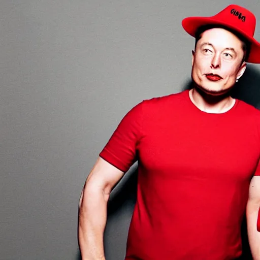 Prompt: elon musk wearing a red dress and chiquita banana hat. emotional vocal performance. photograph of the year. vivid color. high detail.