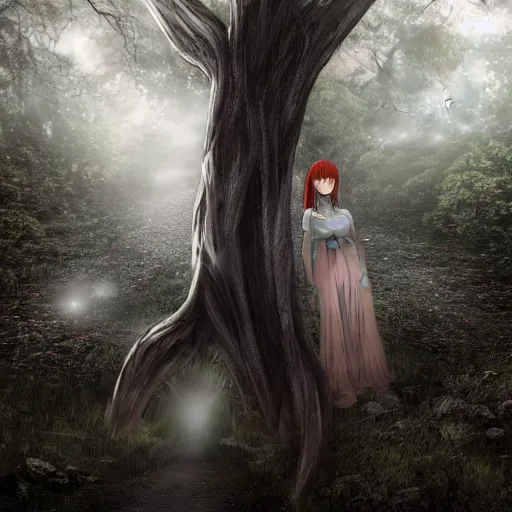 Prompt: plasma body, anime spectral female character, emerge from big old creepy tree, mist aura, black eyes melt, full body portrait, photorealistic,