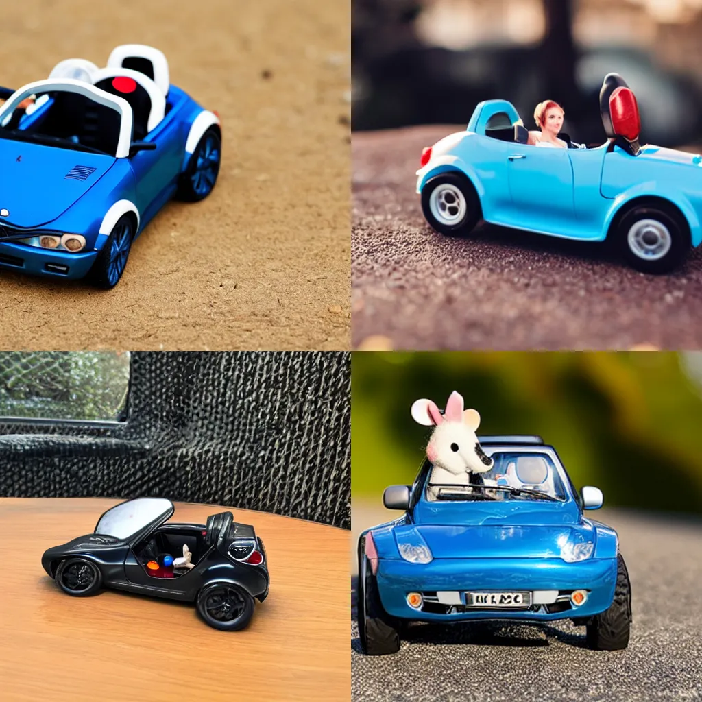 Prompt: Photo of small mouse driving remote controlled convertible car