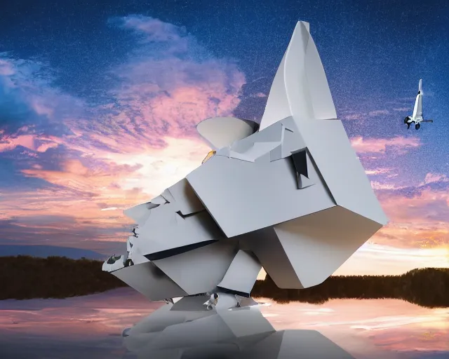 Prompt: photo of minimalist abstract cubist sculpture of curvy spaceship with random small mecha mayan decorations, covered with few large white airplane parts with windows and doors, gigantic size, sunset lighting by a lake