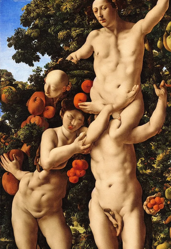 Image similar to men and women, portrait, garden with fruits on trees, ultra detailed, Orazio Gentileschi style, Michelangelo style
