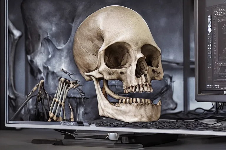 Prompt: human skeleton behind computer, dark atmosphere, fanstasy, digital art, very realistic, trending on artsstation, very detailed