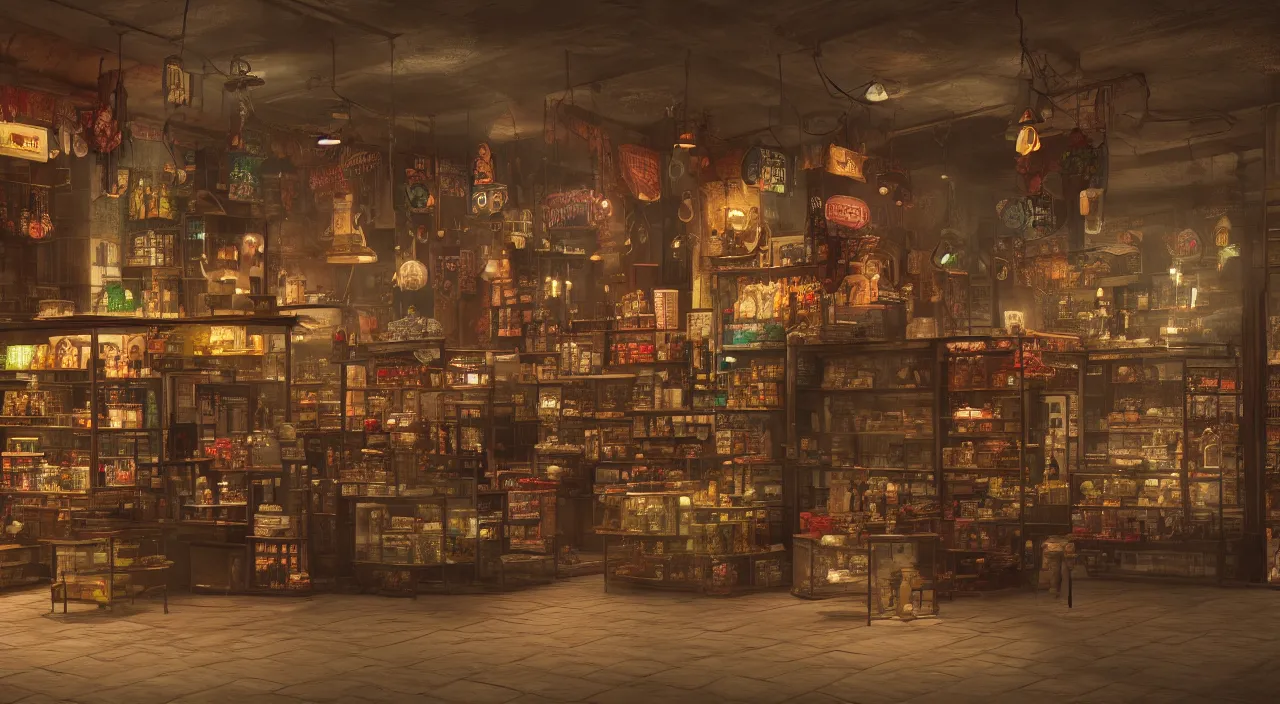 Prompt: A hyper realistic matte painting of interior of a very small shop with a shady shopkeeper, new vegas style, vibrant, 4k, artstation, cgsociety