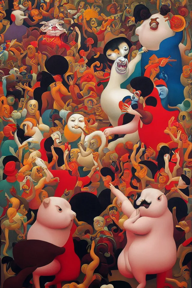 Image similar to painting animal puppet head banging groove is in the heart, we're going to dance and have some fun, painted by james jean and fernando botero