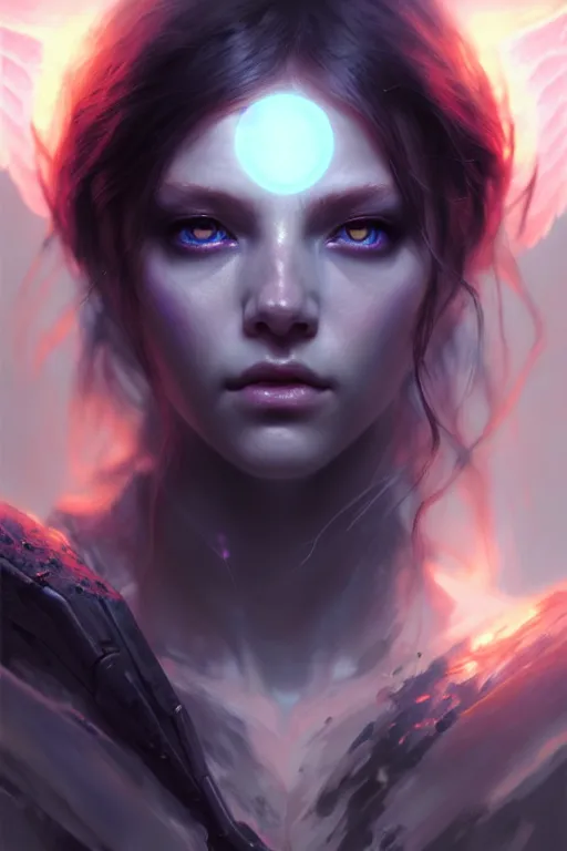 Image similar to beautiful necromancer girl, angels, wonderful eyes, three - dimensional rendering, hyperrealistic detailed portrait holding light and electricity, ruan jia, clap. scifi, fantasy, magic the gathering, over - detailed, octane rendering, concept art by artgerm, peter murbacher, detailed and complex environment