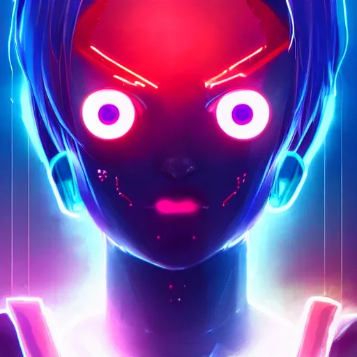 Image similar to digital cyberpunk anime character concept art, gorgeous anime girl symmetrical face, small female android cyborg - angel, glowing red left eye and glowing blue right eye, fullbody!! wlop, rossdraws sakimimichan, ilya kuvshinov, krenz cushart, greg rutkowski.