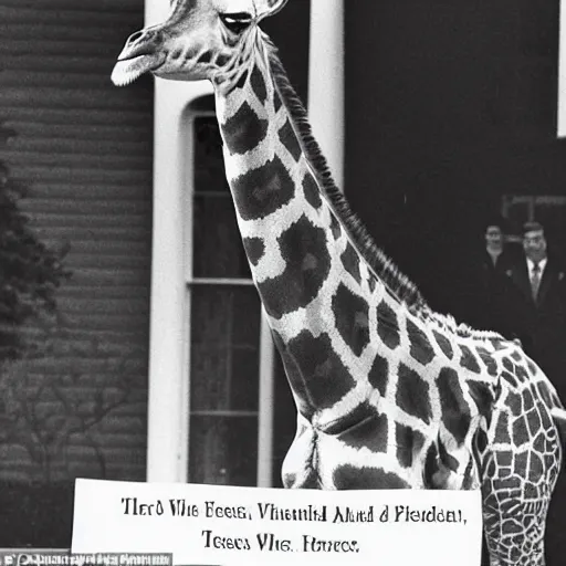 Prompt: a giraffe elected President of the United States, official White House photo, 1974