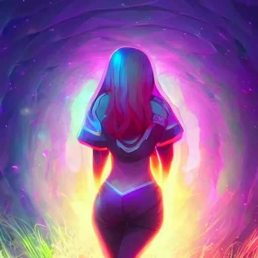 Prompt: skill magic deepdream guard girl from the back radiating a glowing aura stuff loot legends video game artstation lois van baarle, ilya kuvshinov, rossdraws,