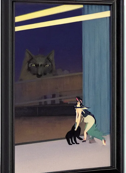 Prompt: woman with cat ears riding a black wolf on the night street of Tokyo by Edward Hopper and James Gilleard, highly detailed