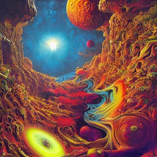 Prompt: hypercomplex image of a alien planet with lush flora, dramatic, action horror by lisa frank, alex grey, karol bak, greg hildebrandt, and mark brooks, rich deep colors. beksinski painting, part by adrian ghenie and gerhard richter. art by takato yamamoto