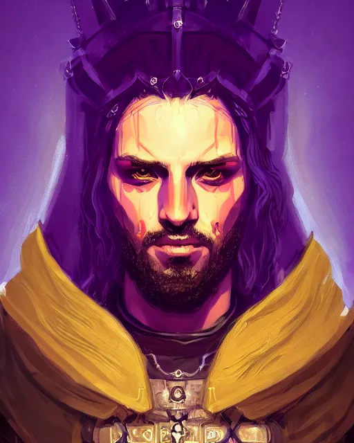 Prompt: a portrait of a medieval king, cyberpunk, purple color scheme, grim - lighting, high - contrast, intricate, elegant, highly detailed, digital painting, artstation, concept art, smooth, sharp focus, illustration