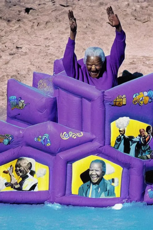 Image similar to nelson mandela in a purple bouncy castle formed as a prison floating on water in waterworld