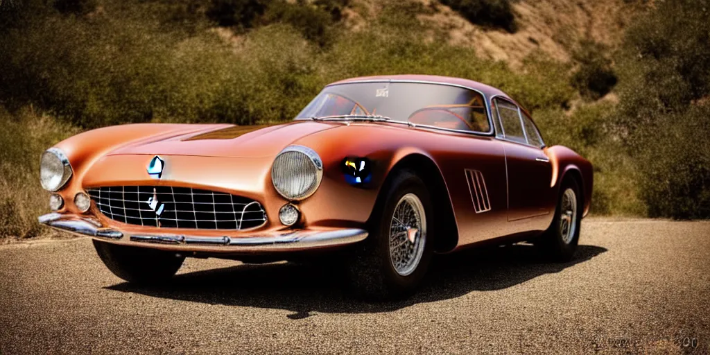 Image similar to photograph, 1958 FERRARI 250 GT, copper paint, by Peter Singhof, press release, cinematic, malibu canyon, 8k, depth of field, bokeh. rule of thirds