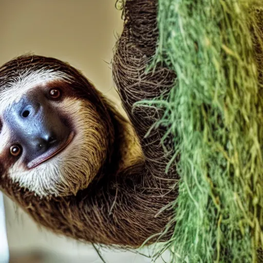 Prompt: a studio photo of a sloth using a cowboy hay