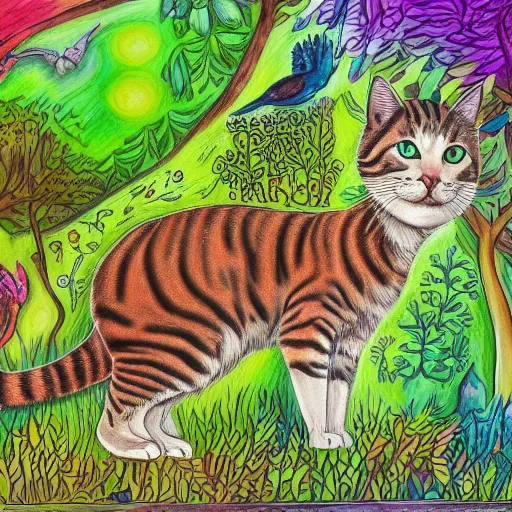 Image similar to Accurate and realistic representation of a cat in a magical dense, lush forest filled with wisdom, love, and courage.. Epic composition. Harmonic colored disposition, expertly blended and shaded. HD. 8k. 4.k HQ. UHD . Colored pencils and color inks on two joined sheets of paper