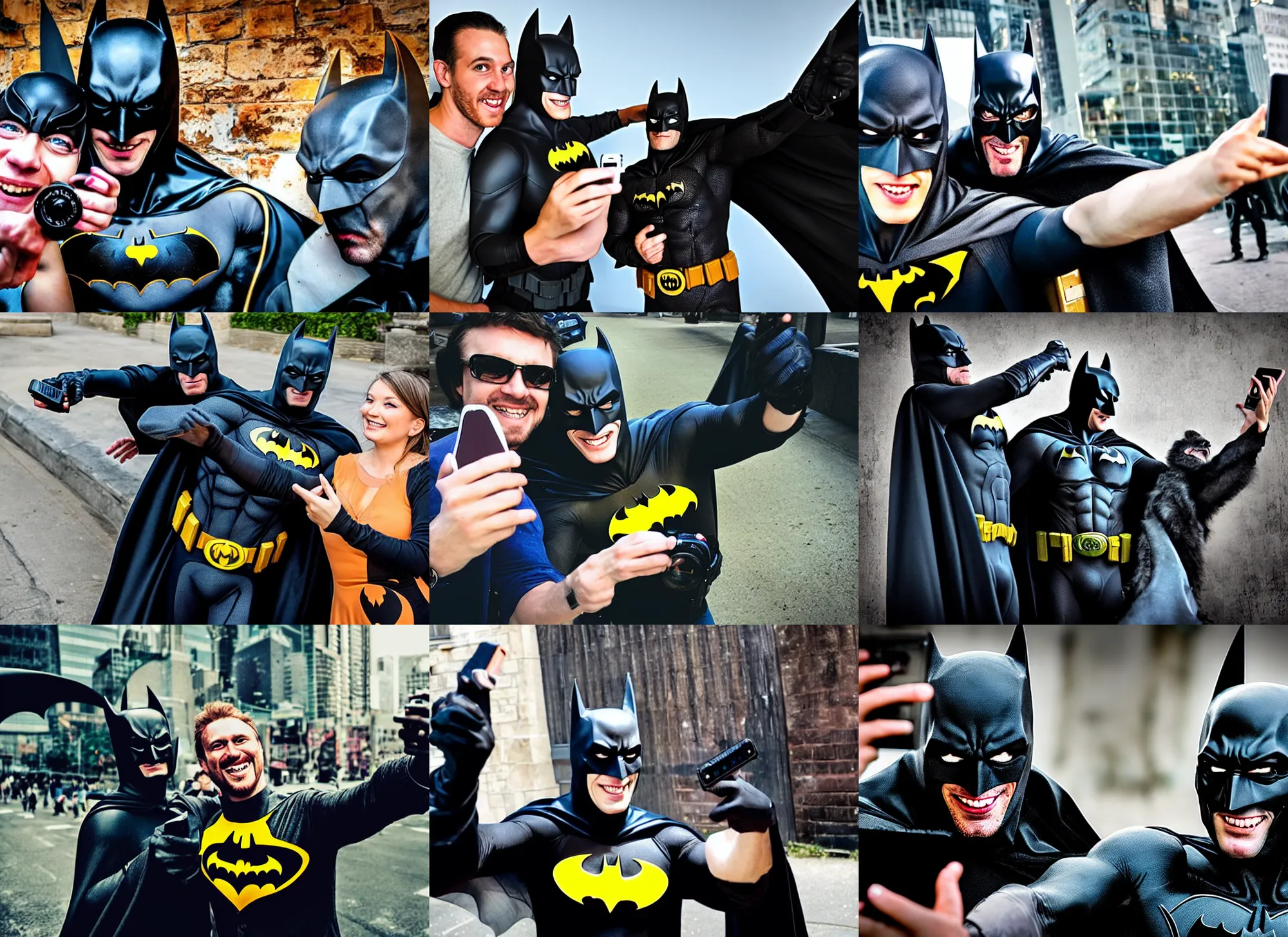 Prompt: Photography, Batman taking a selfie with Creature, big smile