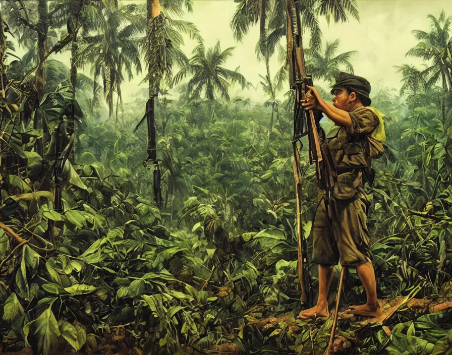 Image similar to the portrait of a communist guerrilla waiting in the dark cervices to ambush, tropical jungle warfare during the Malayan Emergency 1950, masterpiece of social realist oil painting by Chua Mia Tee, British Pathe archive, National War Museum, Nanyang Arts Equator art movement, realistic, cinematic, 8k resolution, intricate jungle.