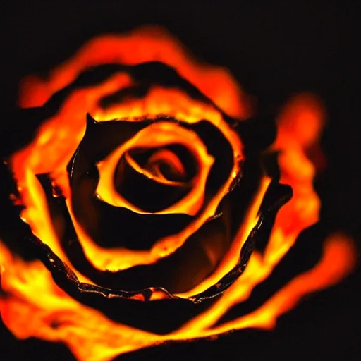 Image similar to award - winning macro of a beautiful black rose made of glowing molten magma