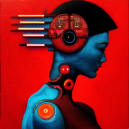 Prompt: pointillisme potrait of a cyborg with black and red robotic parts, medium shot, asymmetrical, profile picture, organic painting, sunny day, matte painting, bold shapes, hard edges, street art, trending on artstation, by huang guangjian and gil elvgren and sachin teng