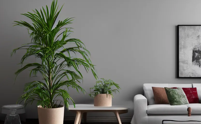 Prompt: A photograph of dracena marginata in a living room, cinematic lightning, 4K