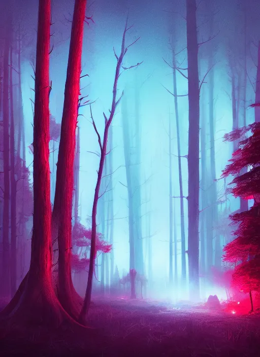 Image similar to red forest liminal space, night, artgerm, rutkowski, tooth wu, beeple, and intricate