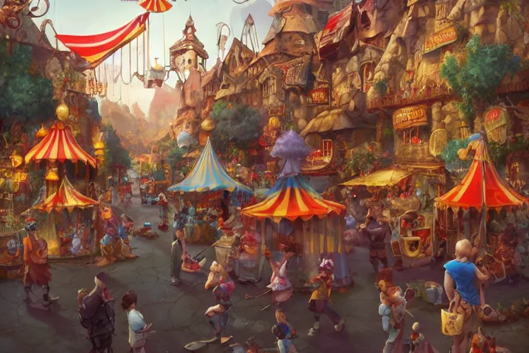 Prompt: circus cozy fantasy village street view by artgerm and Craig Mullins, James Jean, Andrey Ryabovichev, Mark Simonetti and Peter Morbacher 16k