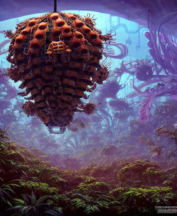 Image similar to a giant weird industrial plant hive made out of isopod wasp octopus, in the style of a strange exotic spaceship, overgrown with disturbing orchids, godbeams, partly cloudy, somber, dramatic lighting, by dan mumford, yusuke murata, makoto shinkai, ross tran, cinematic, unreal engine, cel shaded, featured on artstation, pixiv