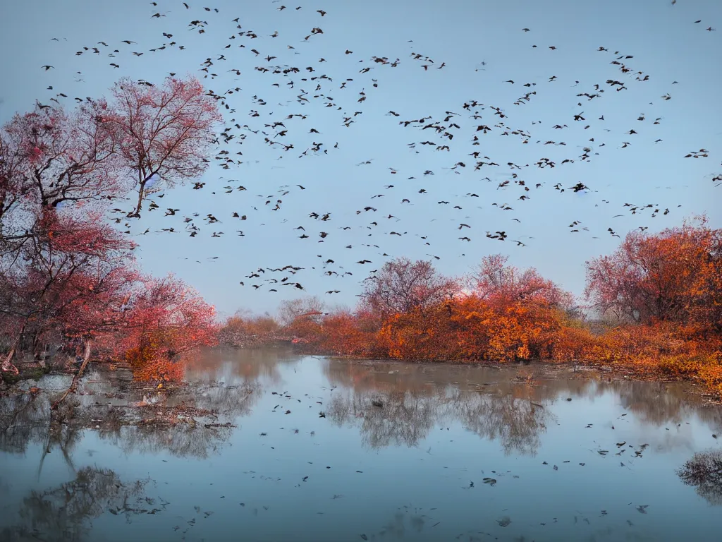 Image similar to rosy clouds fly with lone mallards side by side, autumn waters blend into the hues of th'vast sky, cinematic landscape ， on a snowy day, natural light, by xu beihong