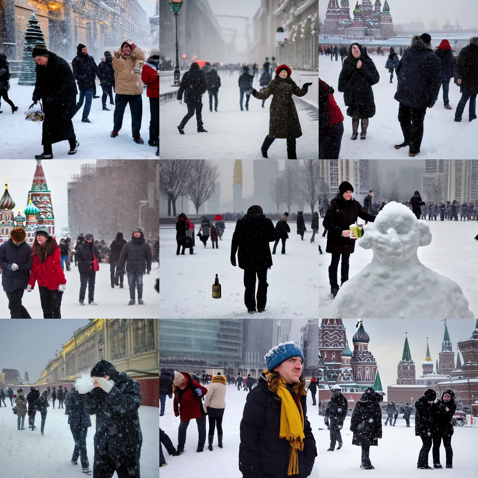 Prompt: drunken people sniff snow in moscow city, people wipe their noses with snow in moscow city