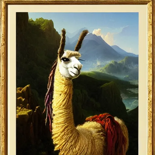 Image similar to llama with dreadlocks, heroic pose, by Thomas Cole