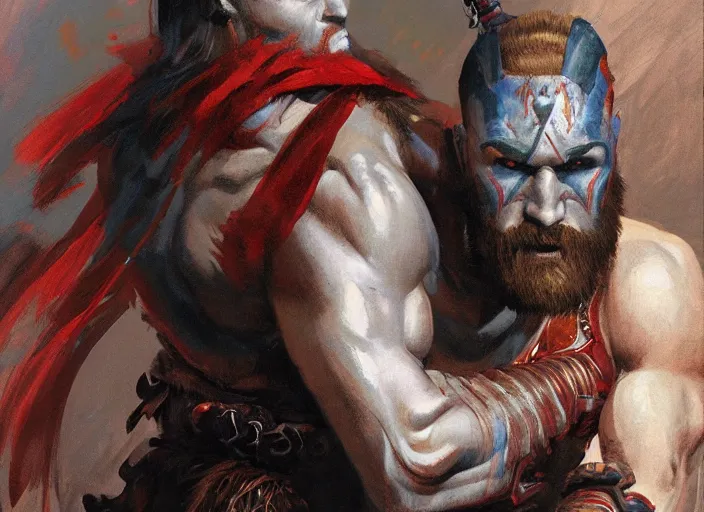 Image similar to a highly detailed beautiful portrait of conan o'brien as kratos, by gregory manchess, james gurney, james jean