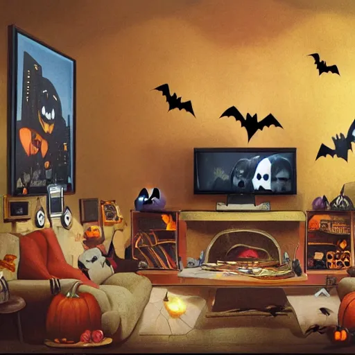 Image similar to Halloween TV show room with big screen on the wall by Disney Concept Artists, blunt borders, rule of thirds