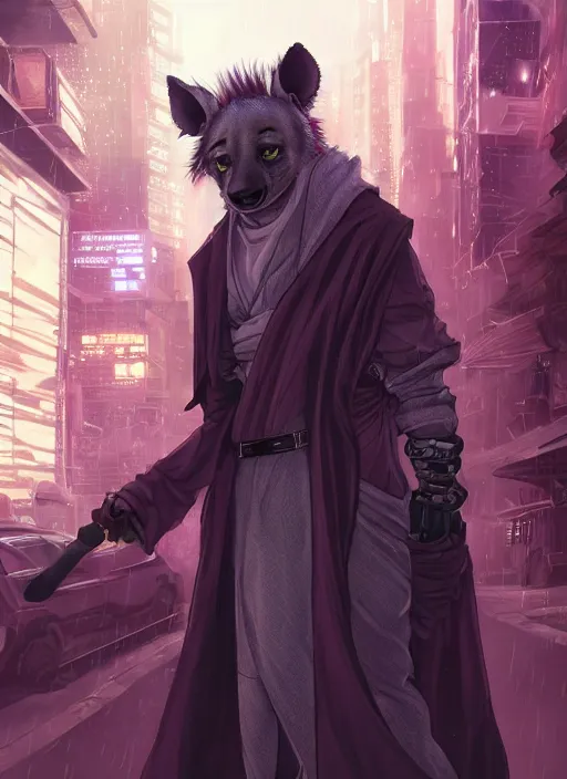 Image similar to character portrait of a female anthro hyena fursona with a cute beautiful attractive face and long black curly hair wearing jedi robes in a cyberpunk city at night while it rains. hidari, color page, tankoban, 4K, tone mapping, Akihiko Yoshida.