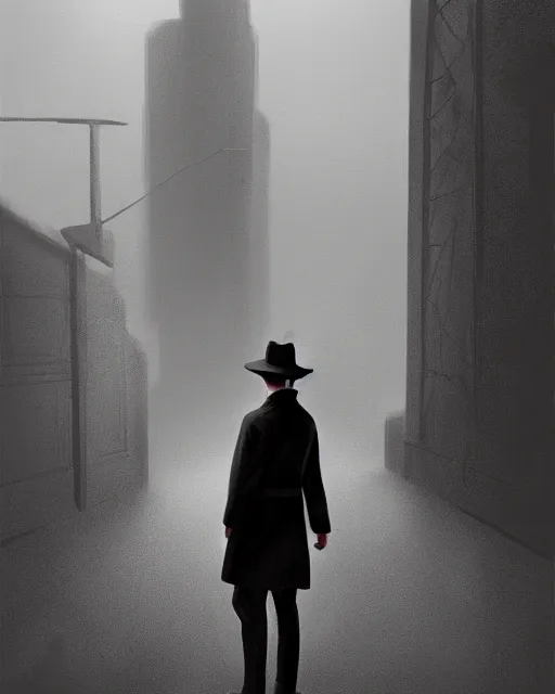 Prompt: man wearing a fedora hat and a trench coat noir film style character, digital illustration, matte painting, photorealistic, hyperrealistic, highly detailed, stalenhag, beksinski, artstation