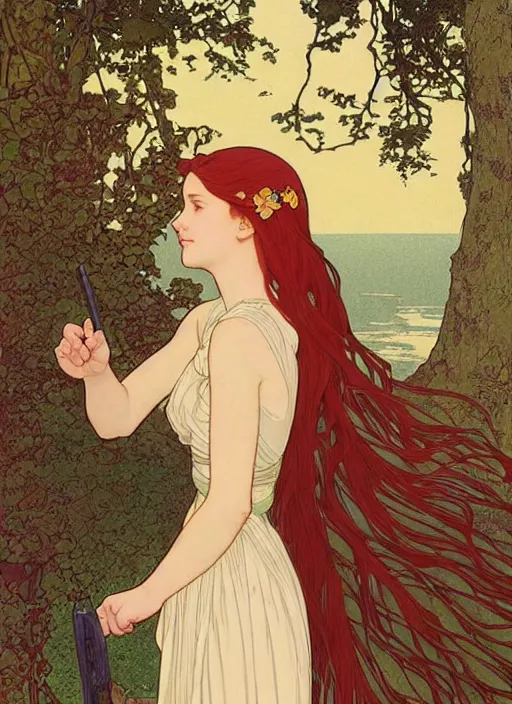 Image similar to young woman resembling alicia vikander with long red hair, wearing a dress, building a castle on the wooden floor in an old wooden house, path traced, highly detailed, high quality, digital painting, by studio ghibli and alphonse mucha, leesha hannigan, hidari, art nouveau, chiho aoshima, jules bastien - lepage