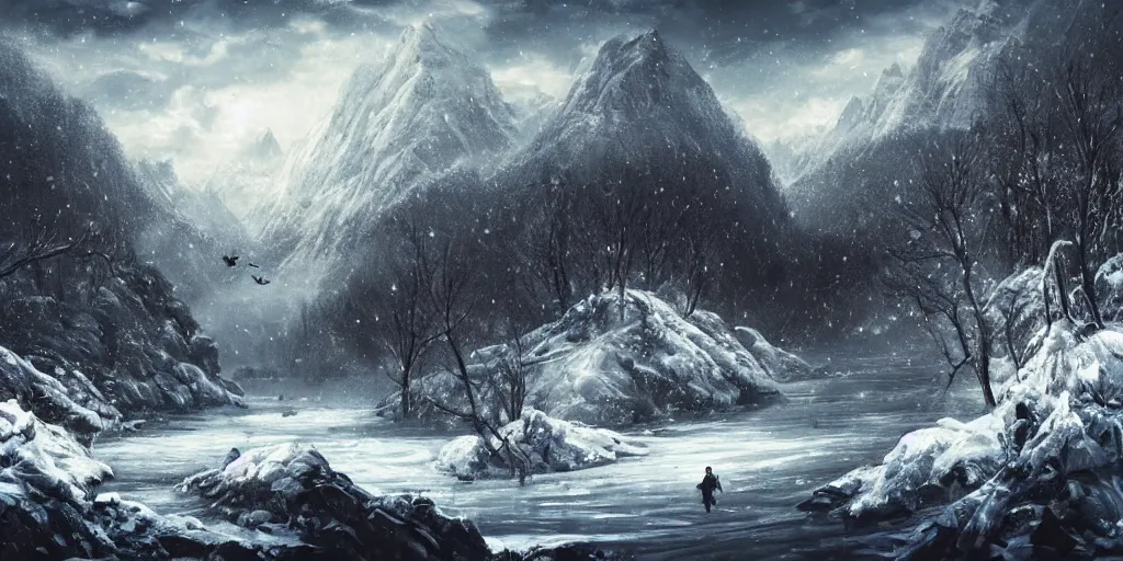 Prompt: A majestic landscape featuring a river, mountains and a forest. A small group of birds is flying in the sky. Harsh winter. very windy. There is a man walking in a deep snow. Cinematic, very beautiful, painting in the style of Lord of the rings