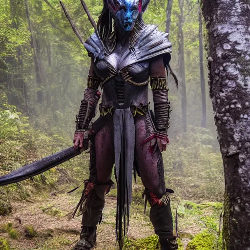 Prompt: High fantasy Yautja in the forests plains of north yorkshire, 4k, Predator Movie, dragon inspired armor