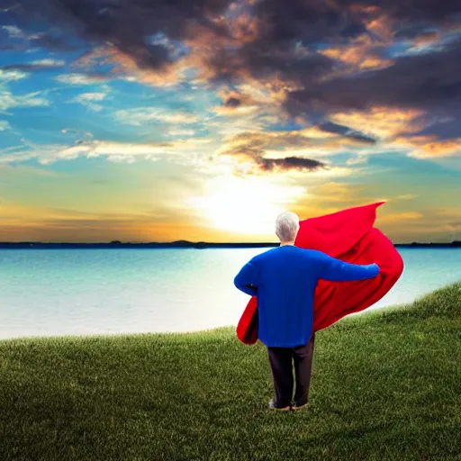 Image similar to extremely realistic elderly retired superman loose costume sad sighing alone looking at a sunset cape in the breeze