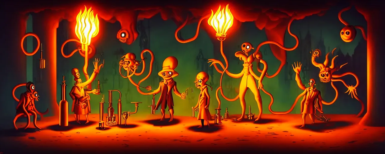 Prompt: uncanny alchemist monsters in a fiery alchemical lab, dramatic lighting, surreal 1 9 3 0 s fleischer cartoon characters, surreal painting by ronny khalil