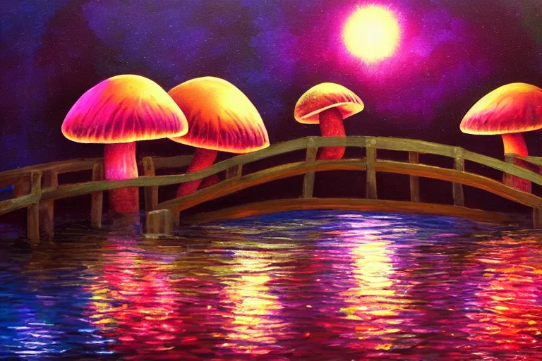 Prompt: a painting of giant mushrooms with lights next to a small bridge, flowing water, digital art, scenic, reds, purples, pink, reflections,