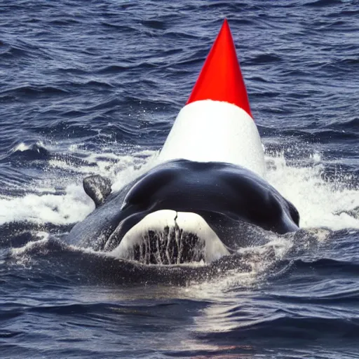 Prompt: photo of a whale in the ocean wearing a party hat