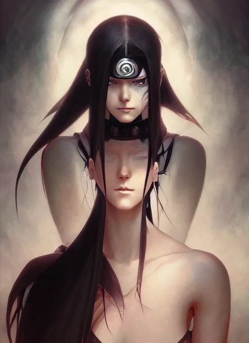 Image similar to portrait of pain from naruto, dark, intricate, elegant, highly detailed, digital painting, artstation, concept art, smooth, sharp focus, illustration, art by artgerm and greg rutkowski and alphonse mucha