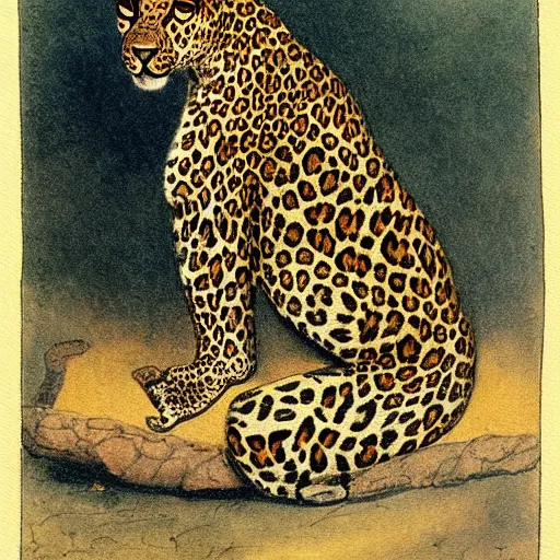 Image similar to a painting of a leopard sitting on the ground, an illustration of by charles maurice detmold, deviantart, qajar art, photoillustration, grotesque, full body