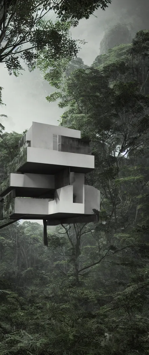 Image similar to architecture inspired by le corbusier in the rainforest. nature is taking over. upside down. metabolism. matte painting. octane render. hdr. volumetric lighting. global illumination. atmospheric. photorealistic. color scheme black and white.