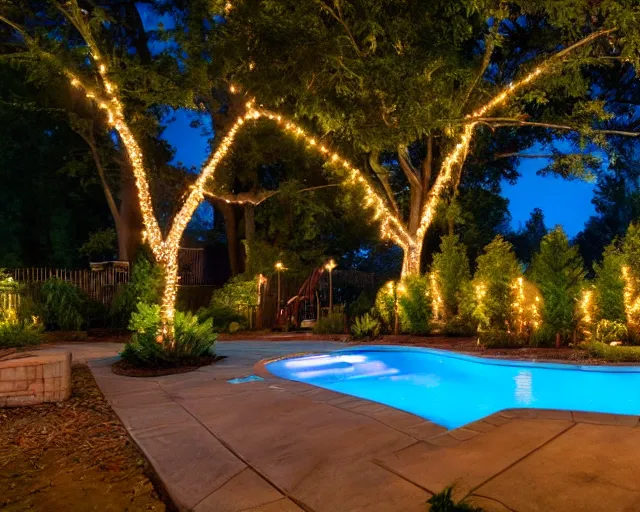 Prompt: a beautiful residential backyard with a pool, mature trees, and lots of shade lit by hanging strands of lights at night.