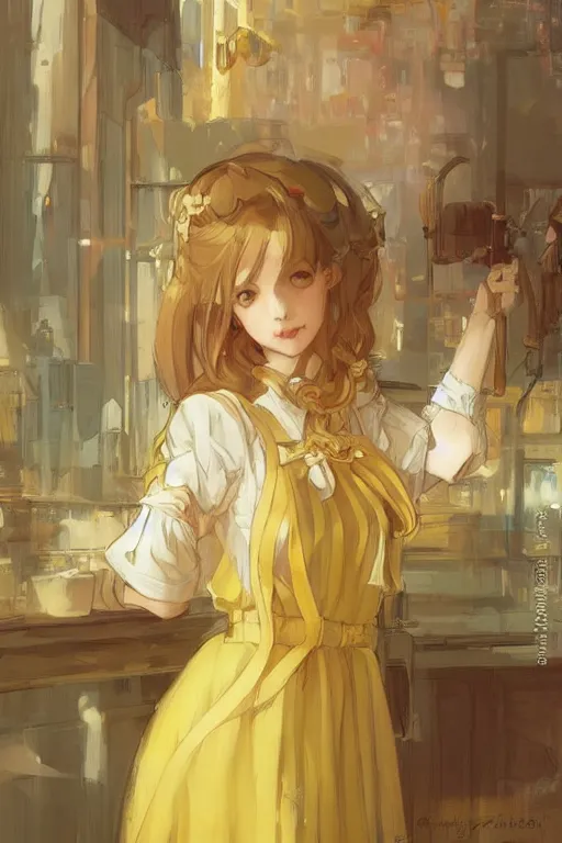 Image similar to A girl in a maid's outfit in a cafe a afternoon, wavy hair yellow theme,S line,45 angel by krenz cushart and mucha and wlop and greg rutkowski