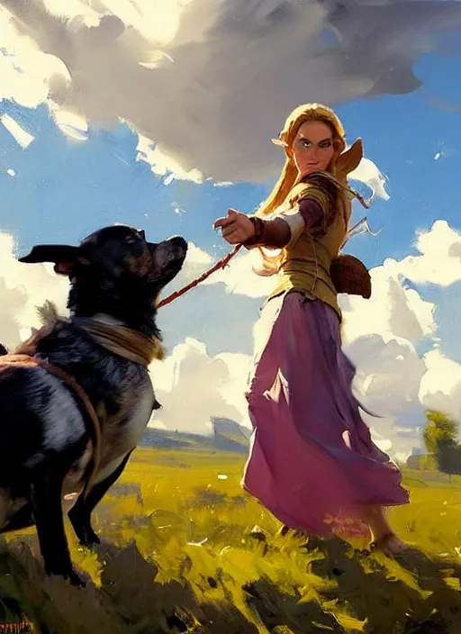 Prompt: Greg Manchess painting of prinzess Zelda in casual wear out playing with the dogs, countryside, fantasy character portrait, dynamic pose, above view, sunny day, thunder clouds in the sky, artwork by Jeremy Lipkin and Giuseppe Dangelico Pino and Michael Garmash and Rob Rey, very coherent asymmetrical artwork, sharp edges, perfect face, simple form, wacky, 100mm