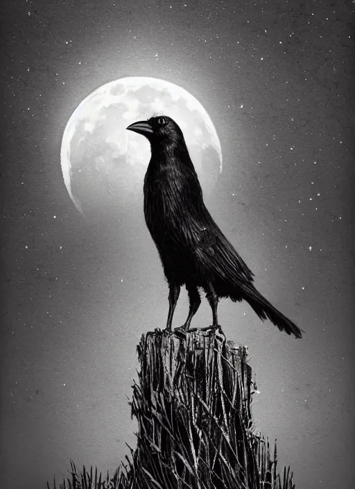 Image similar to portrait, A crow in front of the full big moon, book cover, red white and black colors, establishing shot, extremly high detail, foto realistic, cinematic lighting, pen and ink, intricate line drawings, by Yoshitaka Amano, Ruan Jia, Kentaro Miura, Artgerm, post processed, concept art, artstation, matte painting, style by eddie mendoza, raphael lacoste, alex ross